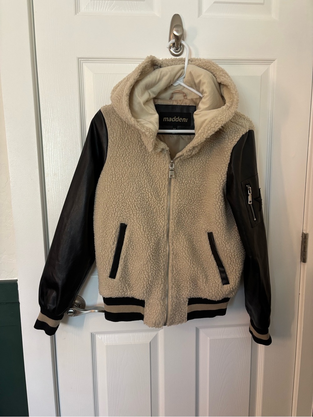 Steve Madden Sherpa Faux Leather Sleeve Hooded Jacket Small - Picture 2 of 11